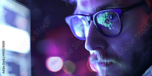 Wallpaper Mural Hacker analyzing data with code reflected in glasses, Cybersecurity expert reviewing sensitive information in dark mode Torontodigital.ca