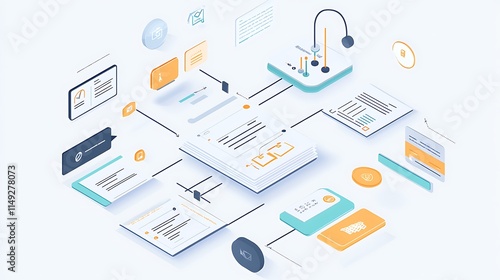Wallpaper Mural A futuristic illustration showcasing automated document workflows with interconnected digital icons for routing and approval processes. Torontodigital.ca