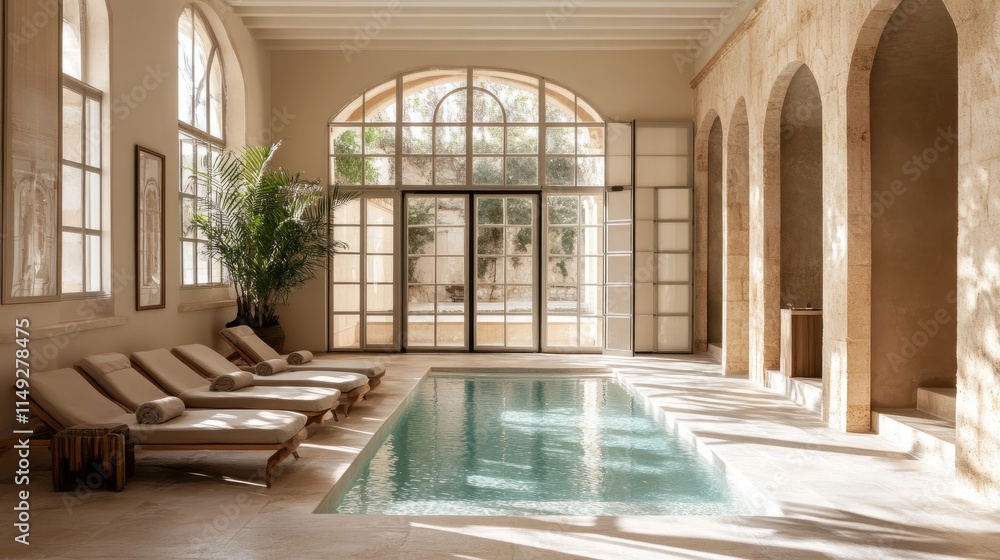 A peaceful indoor pool area with soft beige tones, minimalist decor, and sunlight pouring through large glass doors. A peaceful indoor pool area with soft beige tones, minimalist decor, and sunlight pouring through large glass doors.