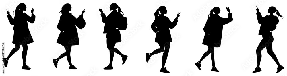 Silhouettes of Women in Casual Outfits with Peace Hand Gestures Silhouettes of Women in Casual Outfits with Peace Hand Gestures