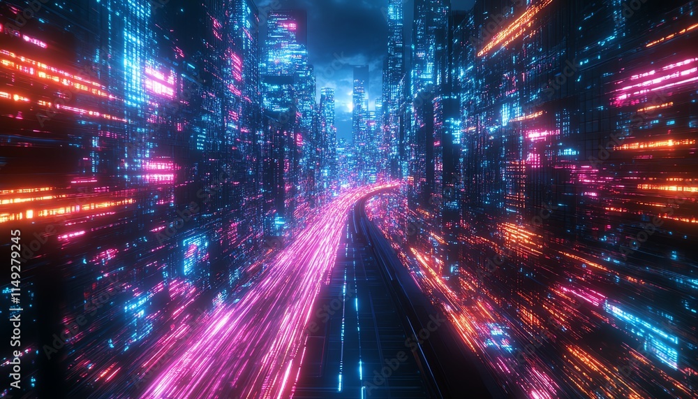 Obraz premium Abstract representation of colorful data streams in a digital landscape at night, neon light trails symbolizing technology and innovation, glowing techinspired visuals