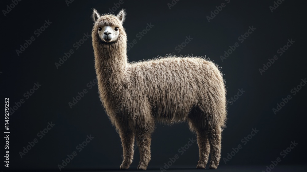 Obraz premium Realistic Alpaca Standing on Dark Background, Full Body Portrait of Cute and Furry Animal with Friendly Expression