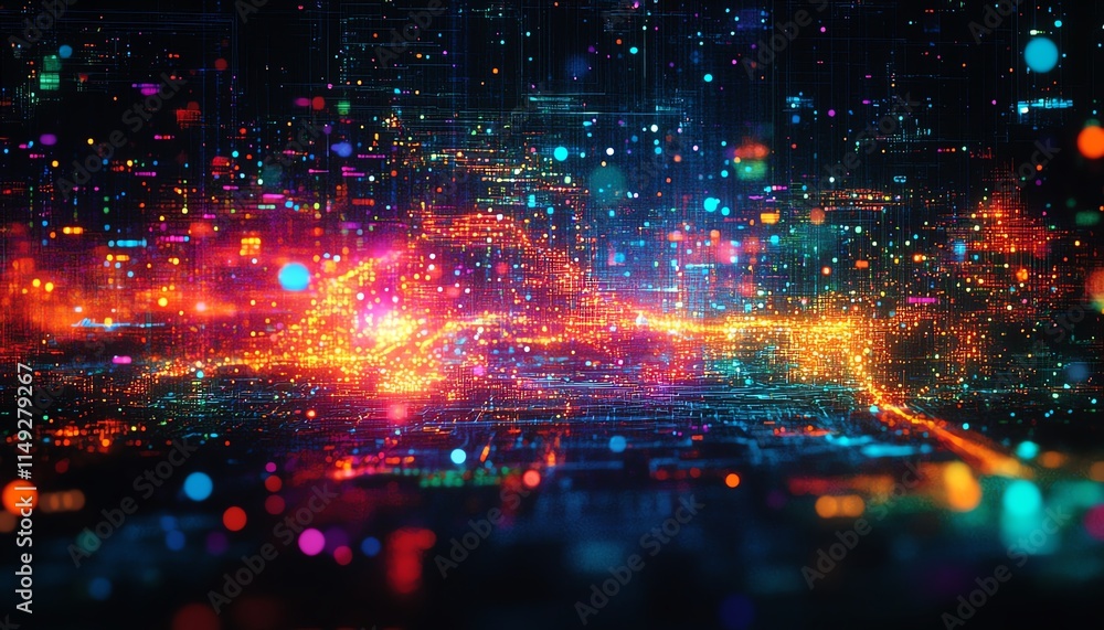 Abstract representation of colorful data streams in a digital landscape at night, neon light trails symbolizing technology and innovation, glowing techinspired visuals Abstract representation of colorful data streams in a digital landscape at night, neon light trails symbolizing technology and innovation, glowing techinspired visuals