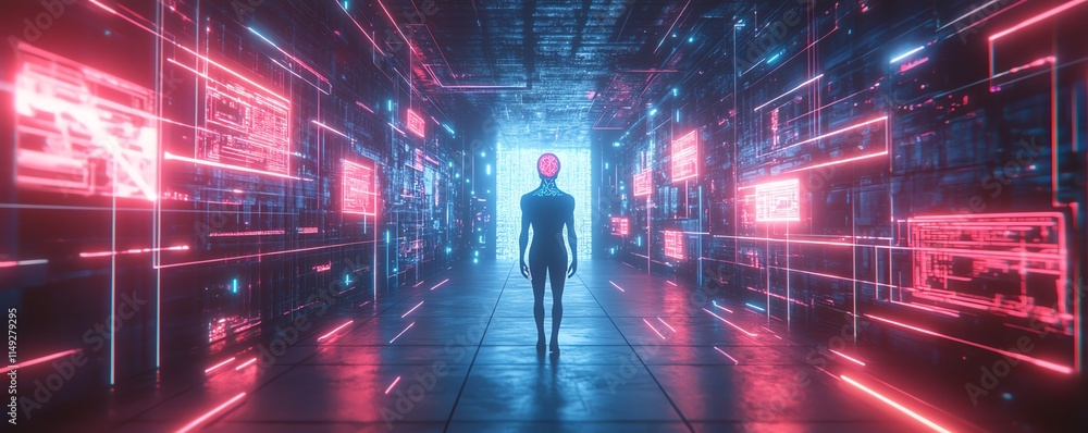Fototapeta premium Advanced humanlike figure with visible brain, digital environment filled with holographic displays, neon lights, futuristic technology and cybernetic features