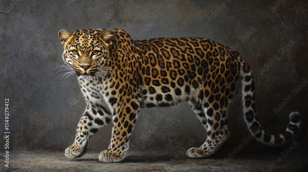 Fototapeta premium Majestic Leopard Walking Gracefully with Distinctive Spots in a Natural Setting Against a Dark Background