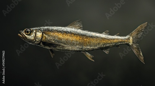 Full Body Close-Up of a Glossy Fish Floating in Dark Water with Detailed Texture and Natural Colors photo