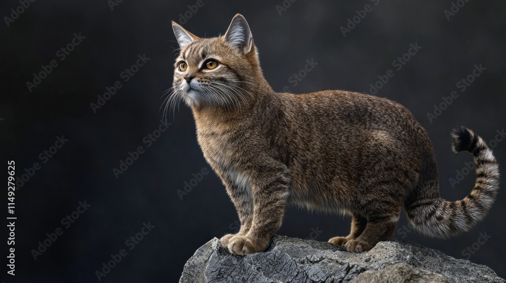 Majestic Wild Cat Stands Proudly on Mountain Rock Under Dramatic Sky Lighting Majestic Wild Cat Stands Proudly on Mountain Rock Under Dramatic Sky Lighting