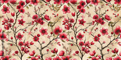 Vibrant floral pattern featuring red blossoms on a soft beige background, creating an elegant and fresh atmosphere.