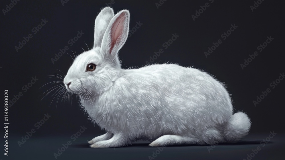 Graceful White Hare Sitting Calmly Against a Dark Background in Natural Light for Artistic Photography or Illustration Graceful White Hare Sitting Calmly Against a Dark Background in Natural Light for Artistic Photography or Illustration