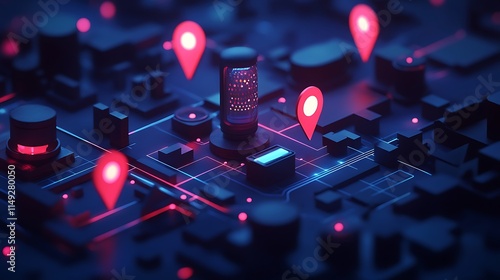 A visually engaging isometric design of geofencing, highlighting GPS-targeted marketing with dynamic visuals and connected devices. photo