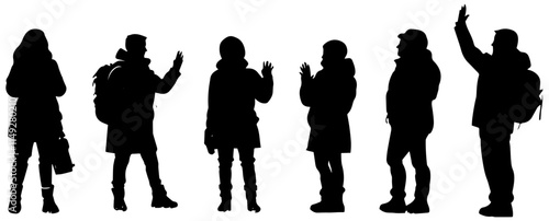 Silhouettes of People Waving in Winter Clothing, Group Outline Illustration