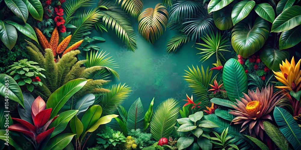 Fototapeta premium Lush Tropical Foliage Creates a Vibrant, Exotic Garden Paradise Scene with Vivid Colors and Textured Leaves