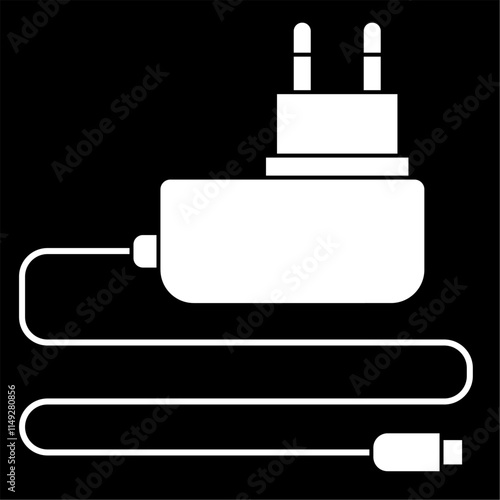 Mobile phone charger icon vector illustration, usb cell phone charger clip art, white on black background