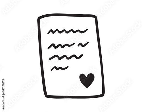 Love letter hand drawn doodle icon. Valentines day love text clipart. Vector outline paper with heart.