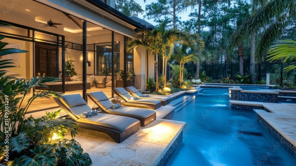 Obraz premium An elegantly designed pool area featuring luxurious recliners, soft lighting, tropical plants, and textured concrete accents.