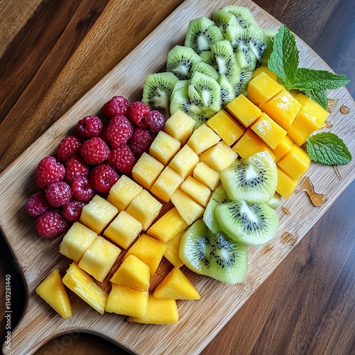 A beautifully arranged fruit platter with a variety of tropical fruits like pineapple, mango, and kiwi photo