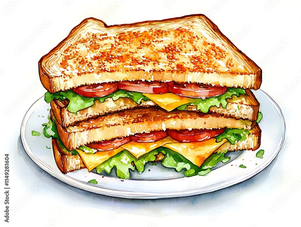 A watercolor painting of a delicious double-decker grilled cheese sandwich with lettuce and tomato on a white plate. A watercolor painting of a delicious double-decker grilled cheese sandwich with lettuce and tomato on a white plate.