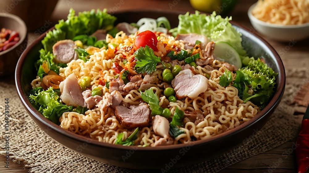 Spicy instant noodle salad with mixed meats on a rustic table Spicy instant noodle salad with mixed meats on a rustic table