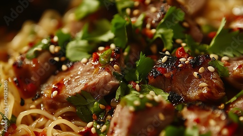 Close-up of spicy noodle salad with mixed meats and fresh herbs photo