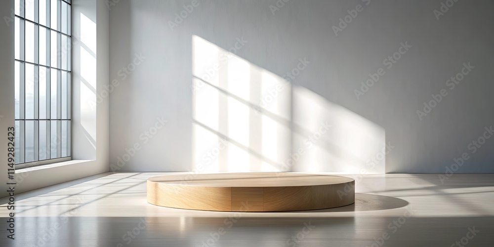 Minimalist interior scene with a circular wooden display platform bathed in sunlight Minimalist interior scene with a circular wooden display platform bathed in sunlight