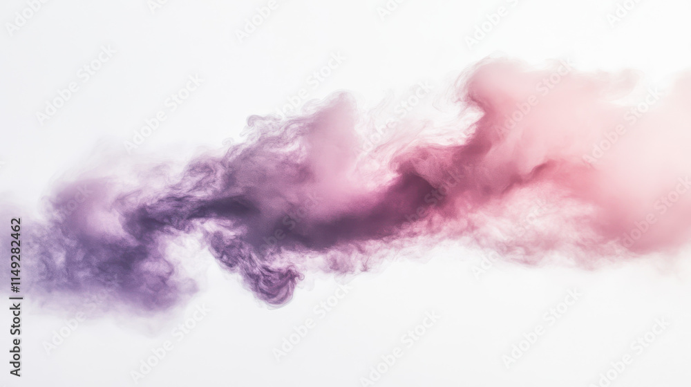 Fototapeta premium A realistic photo of a soft, ethereal pink and purple cloud floating in a clear white space, edges of the cloud highlighted with soft light, realistic texture and translucency, subtle details of the f