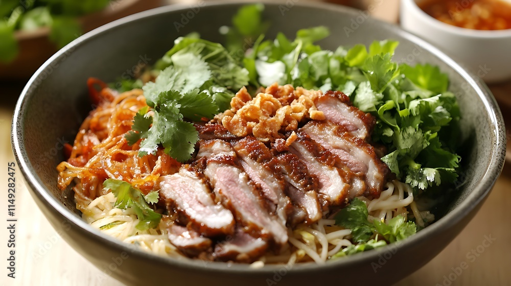 Traditional spicy noodle salad with mixed meats and a tangy sauce Traditional spicy noodle salad with mixed meats and a tangy sauce
