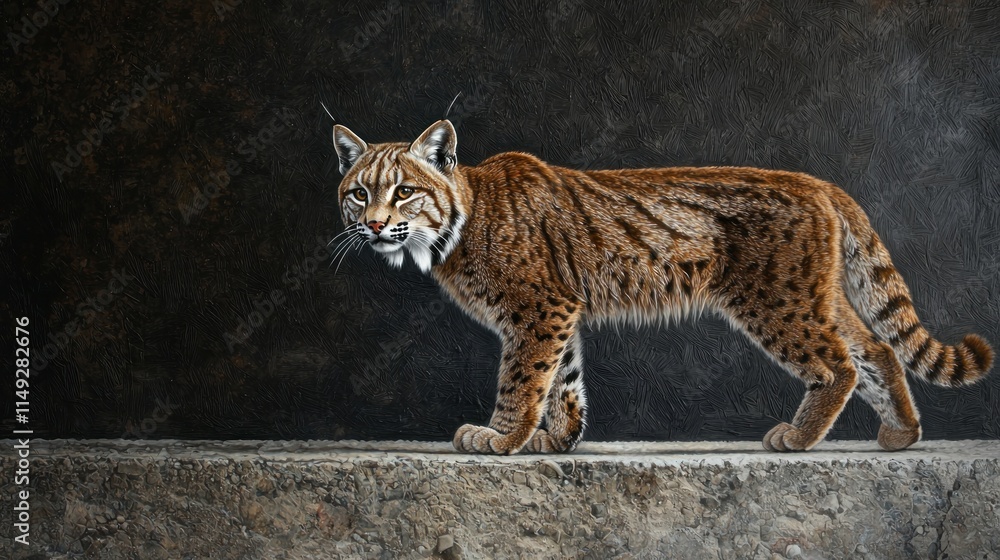 Detailed Portrait of a Lynx Walking Gracefully Against a Dark Textured Background in a Naturalistic Style Detailed Portrait of a Lynx Walking Gracefully Against a Dark Textured Background in a Naturalistic Style