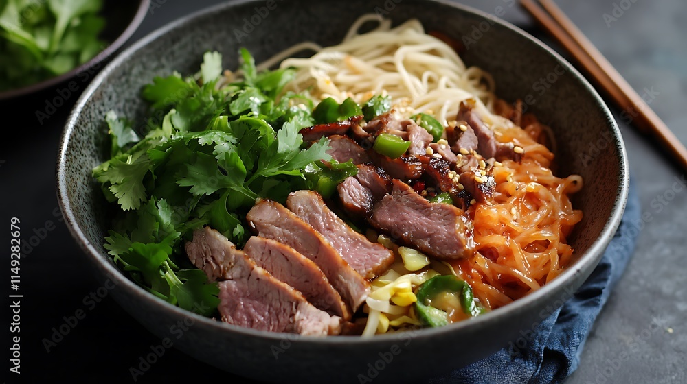 Fresh spicy noodle salad with mixed meats and a rich tangy dressing Fresh spicy noodle salad with mixed meats and a rich tangy dressing