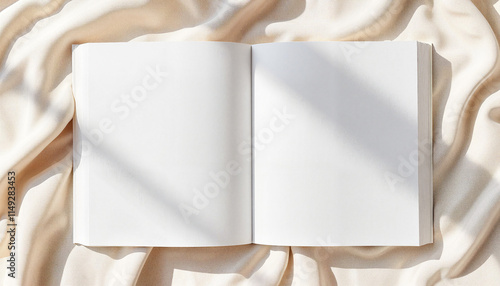 An open blank book artistically arranged on soft beige fabric with natural lighting. photo