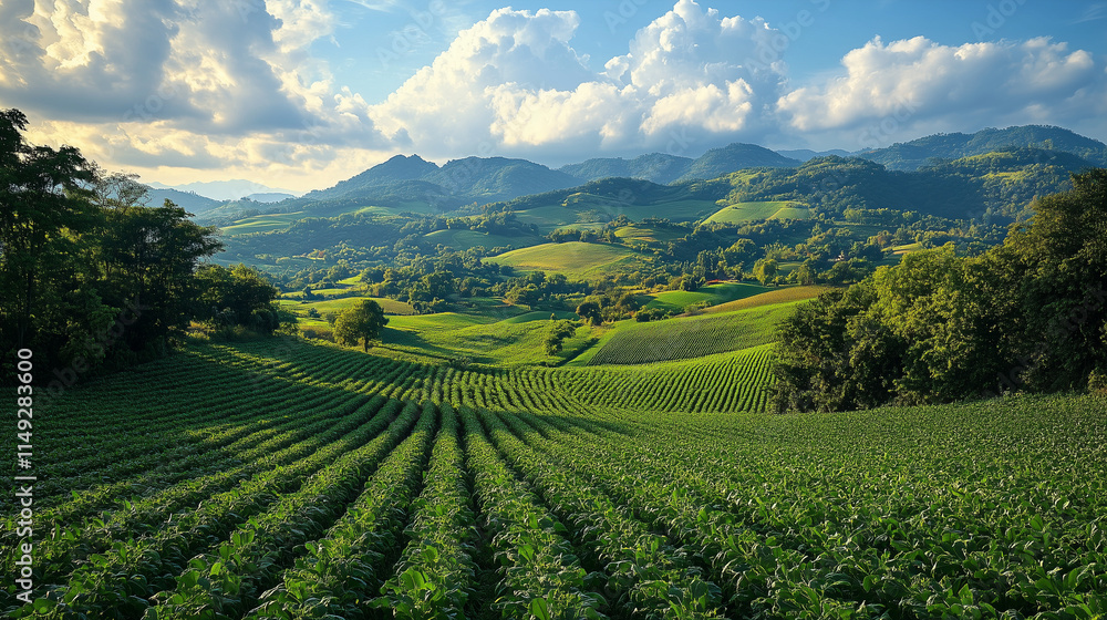 A landscape image displays green rows of crops in a valley with rolling hills in the background A landscape image displays green rows of crops in a valley with rolling hills in the background