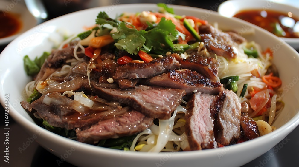Instant noodle salad with spicy chili dressing and assorted meats Instant noodle salad with spicy chili dressing and assorted meats