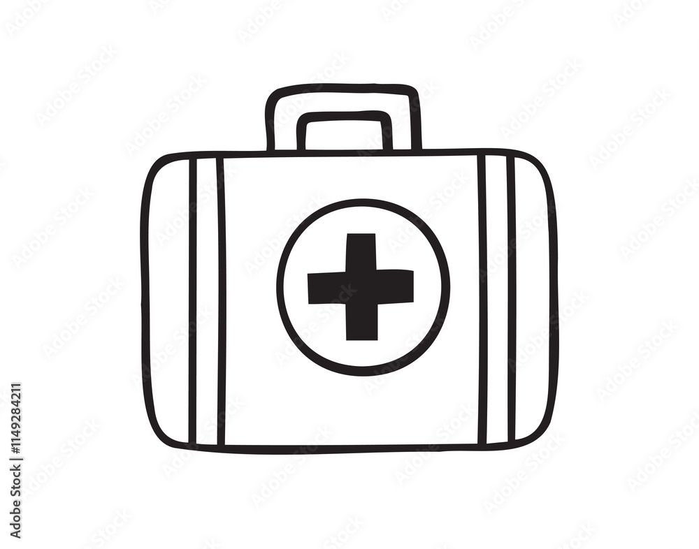 First aid kit hand drawn doodle icon. Drawing first aid kit case icon. Treatment, medicine concept. First aid kit hand drawn doodle icon. Drawing first aid kit case icon. Treatment, medicine concept.
