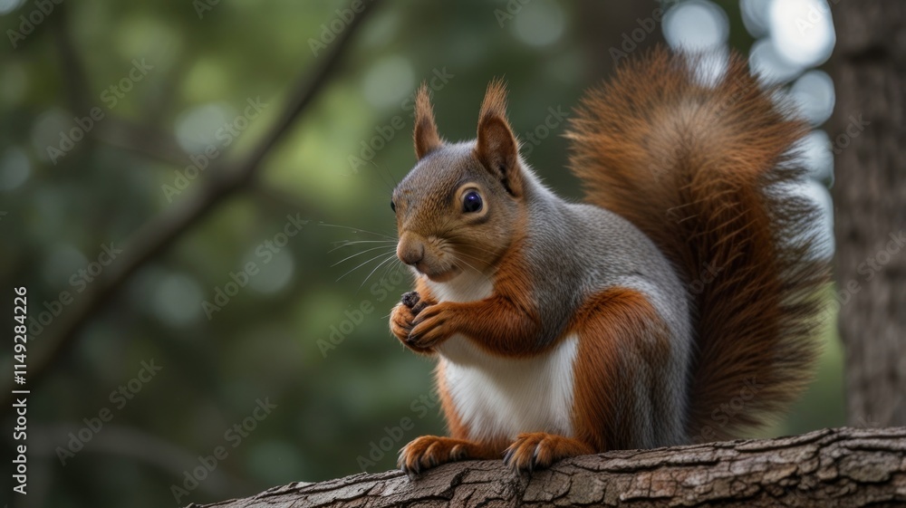 Eurasian red squirrel eating on tree branch. Eurasian red squirrel eating on tree branch.