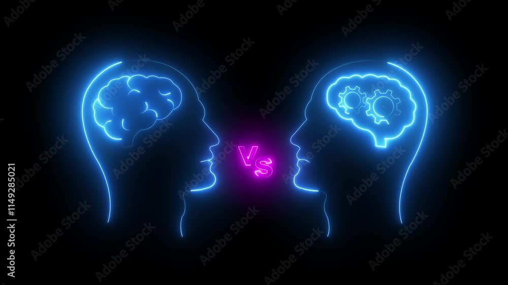 Human intelligence vs artificial intelligence. Face to face. Duel of views. Animated illustration on a black blackboard head human brain vs brain head ai neon 4k alpha. Human intelligence vs artificial intelligence. Face to face. Duel of views. Animated illustration on a black blackboard head human brain vs brain head ai neon 4k alpha.