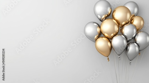 silver and gold balloons isolated on empty grey wall background with copy space