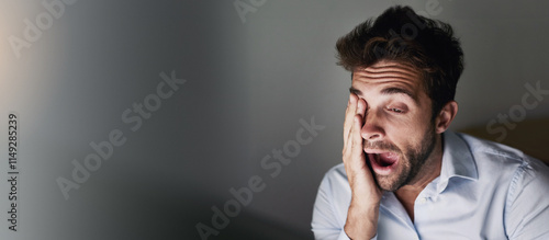 фотографія Business, tired and man with yawn in office for deadline fatigue, overworked and low energy on mockup space