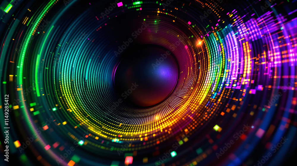 Obraz premium Dynamic Bass Speaker with Colorful Soundwaves and Vibrations Background