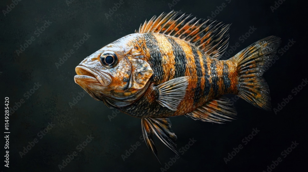 Fototapeta premium Captivating Full Body View of a Vibrant Striped Fish with Detailed Fin Texture and Intricate Color Patterns