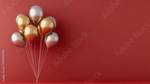 silver and gold balloons isolated on empty red wall background with copy space