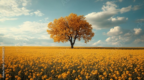 Golden Tree in a Yellow Flower Field photo