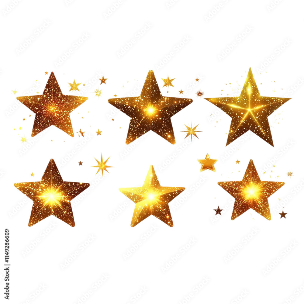 A collection of glittering golden stars in various sizes, radiating light and sparkles against a white background. A collection of glittering golden stars in various sizes, radiating light and sparkles against a white background.