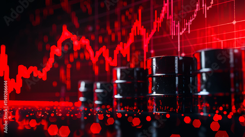 Stacked oil barrels against a glowing red financial graph, representing volatile markets and economic dynamics in the energy sector photo