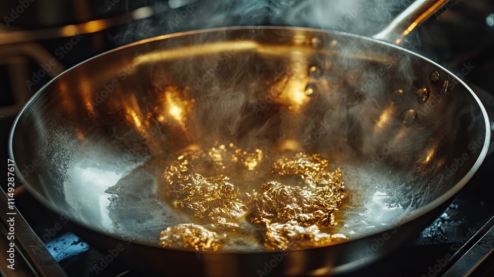 Golden Oil Bubbles in Pan with Steam Rising from Hot Surface Golden Oil Bubbles in Pan with Steam Rising from Hot Surface