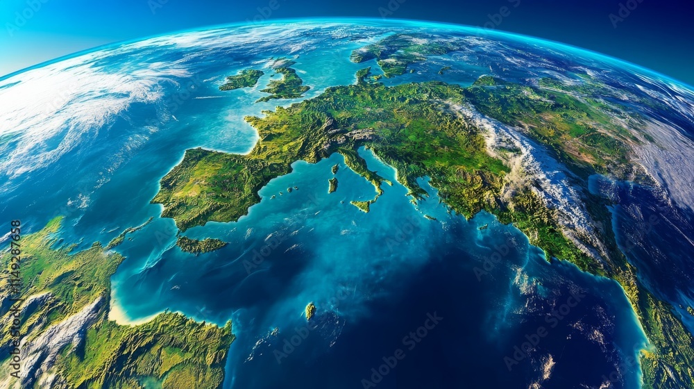 Fototapeta premium A vibrant view of Europe from space, showcasing the continent's diverse landscapes, blue waters, and cloud formations.
