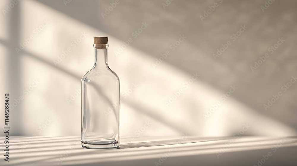 Clear glass bottle on a contemporary table with soft shadows Clear glass bottle on a contemporary table with soft shadows