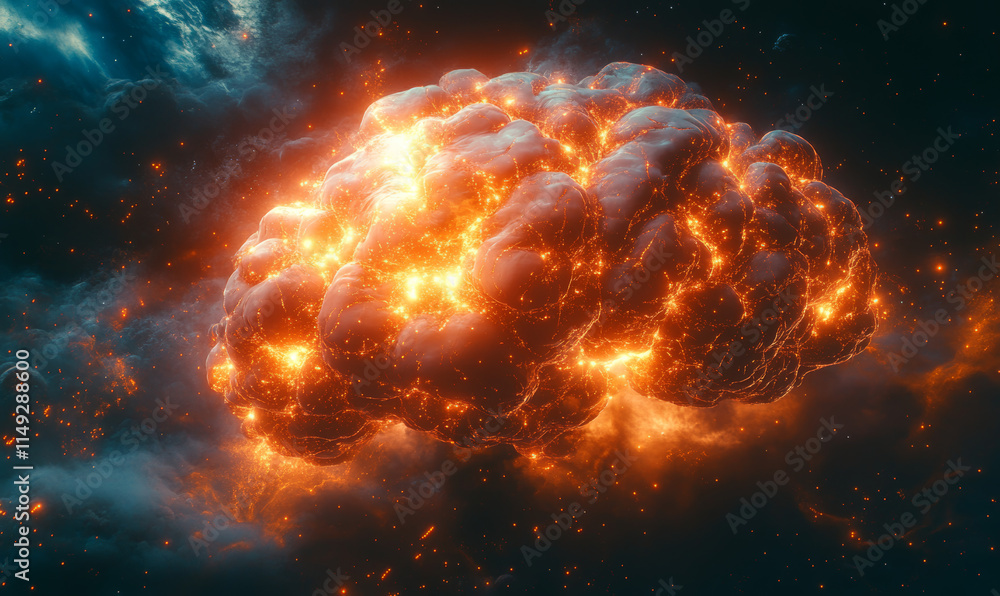 Fototapeta premium A Brain-like Neural Network Structure With Glowing Nodes Generating Various Forms Of Creative Content