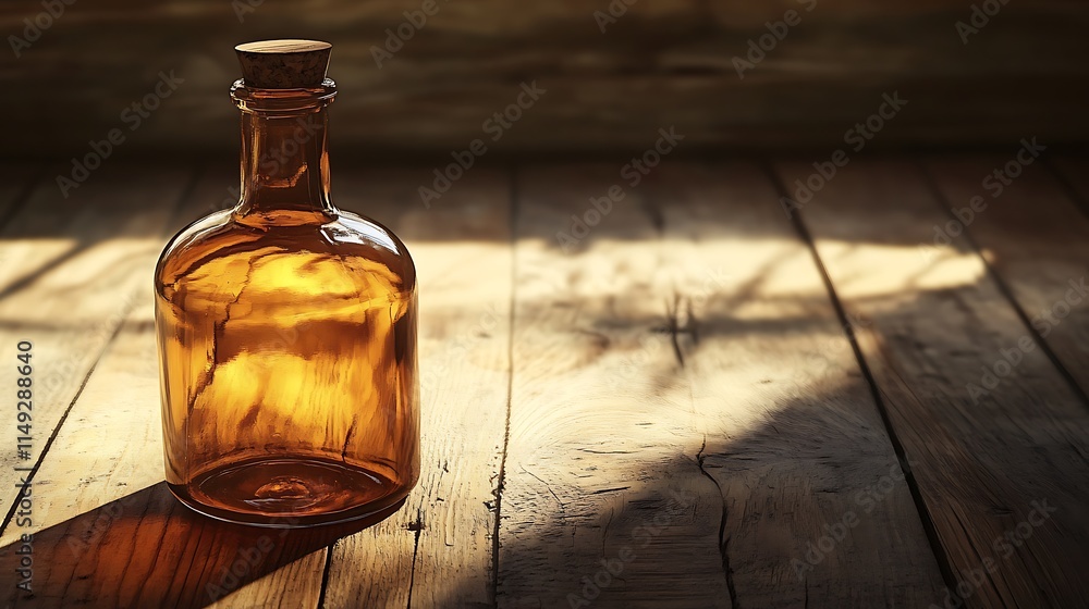 Clean glass bottle on a simple wooden surface in soft lighting Clean glass bottle on a simple wooden surface in soft lighting