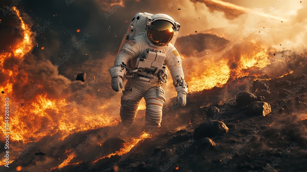 An astronaut walks through a fiery landscape, surrounded by flames and destruction, embodying the theme of adventure and survival in a hostile environment. An astronaut walks through a fiery landscape, surrounded by flames and destruction, embodying the theme of adventure and survival in a hostile environment.