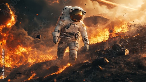 An astronaut walks through a fiery landscape, surrounded by flames and destruction, embodying the theme of adventure and survival in a hostile environment. photo