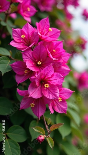 Bougainvillea flowers in large clusters hanging from a pink-leafed vine, with magenta flowers and vibrant green stems, bougainvillea spectabilis, colorful blooms